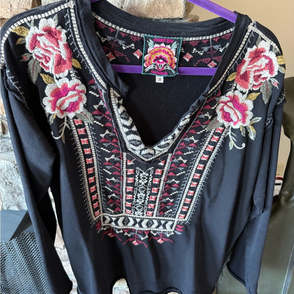 Johnny Was Black Top with Pink and White Embroidery